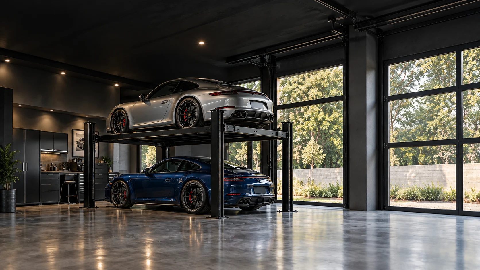 Two sports cars stacked on a four-post lift in a garage